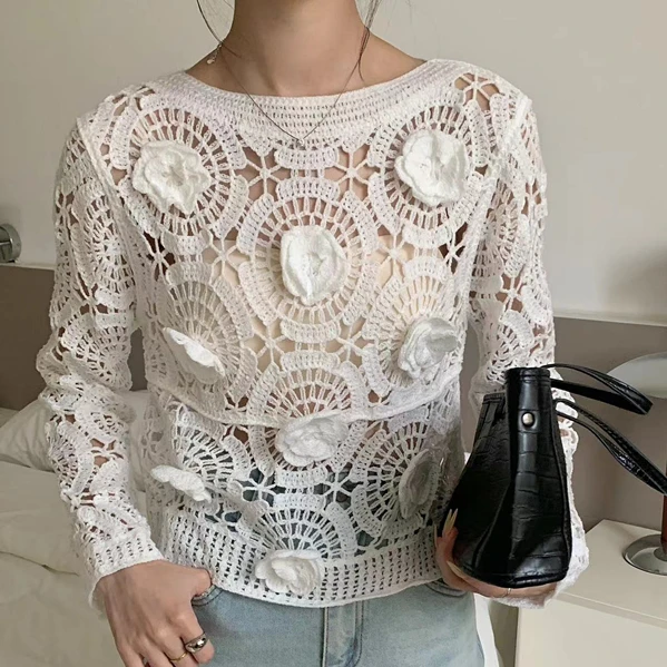 2024 Autumn New Three Dimensional Flower Hollow Out Knitted Shirt Sweet Long Sleeved Pullovers Blouse Retro Crochet Women Tops