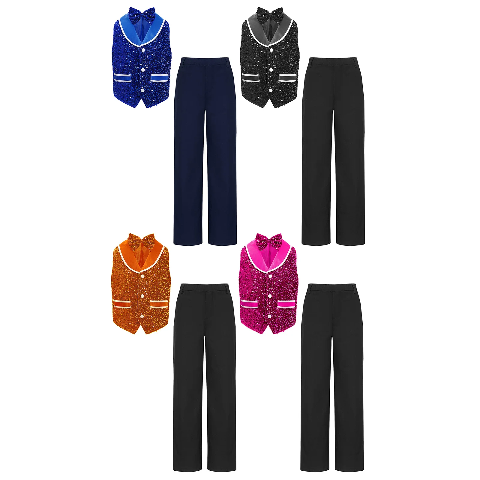 

Kids Boys Dance Performance Costume Sparkling Sequins Vest Buttons Irregular Hem Waistcoat Dancewear Bow Tie Pants Party Suit