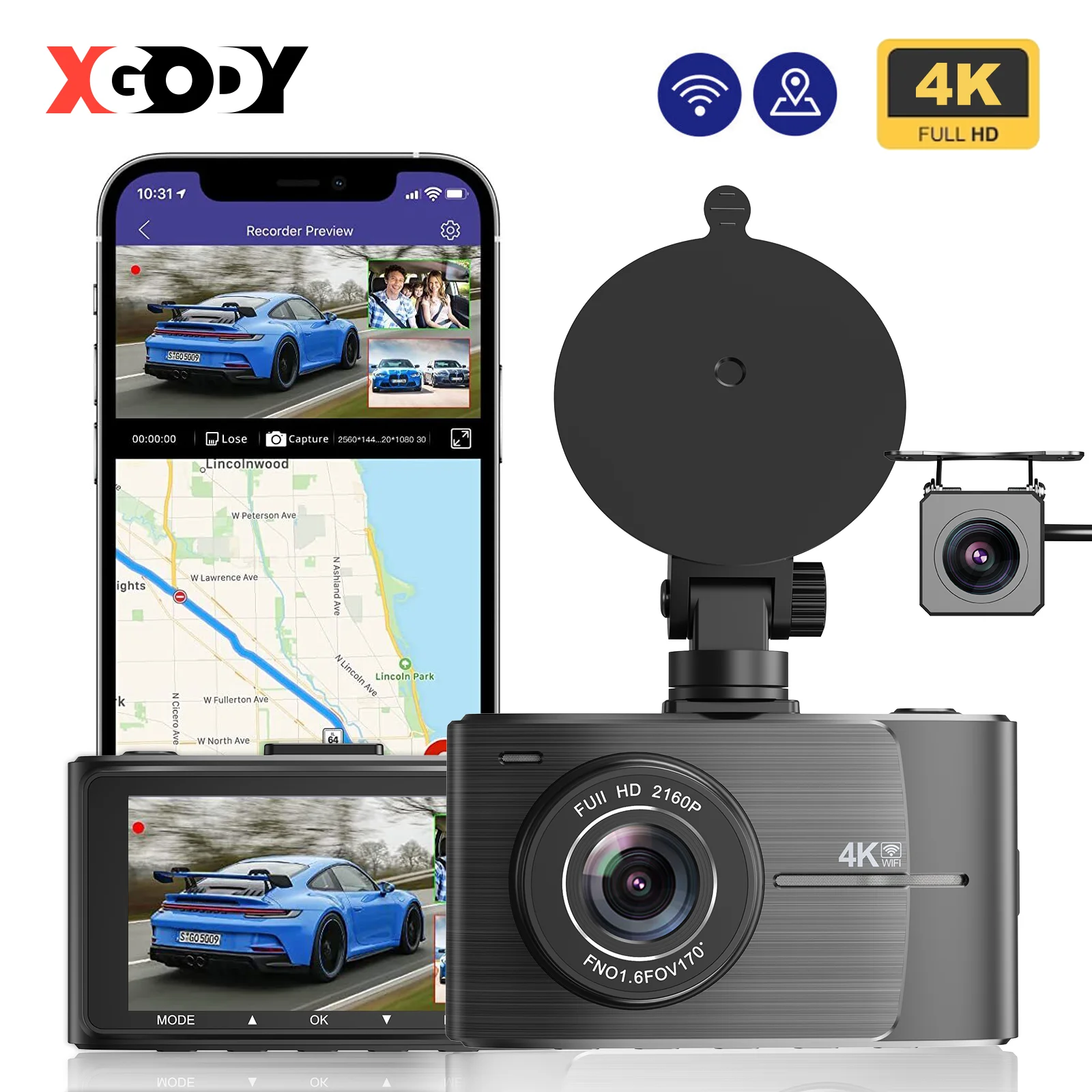 2024 XGODY 4K 3-inch Dash Cam Dual Lens Front and Rear Car Driving Recorder WiFi GPS