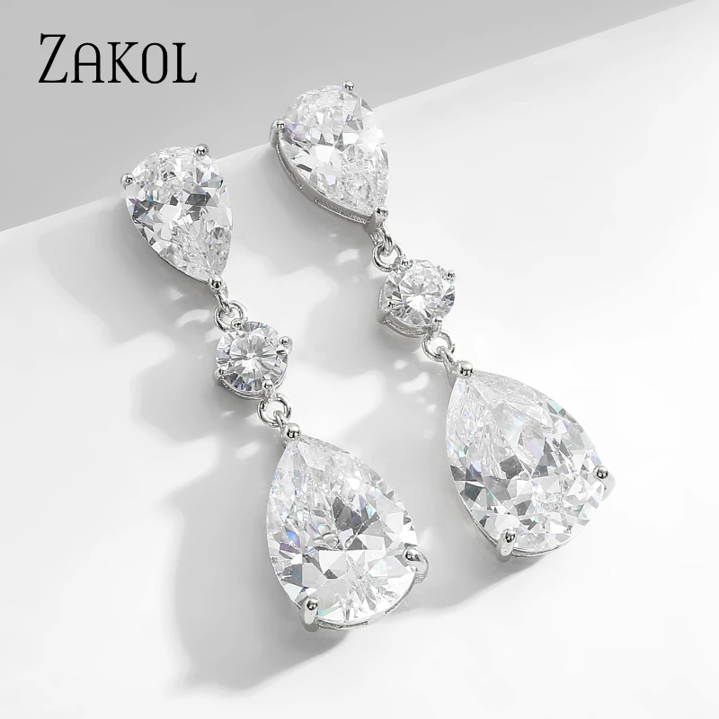ZAKOL Shinny Zirconia Teardrop Dangle Earring for Women Fashion White Gold Color Bridal Earrings Wedding Jewelry Brincos EP2426 image 5