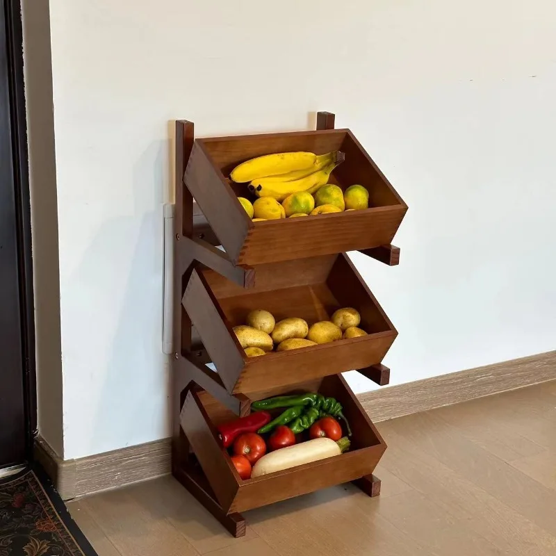 

Storage Holders Kitchen Shelves Organizer Fruit Basket Wooden Multilayer Floor Shelving Living Room Kitchen Clutter Storage Rack