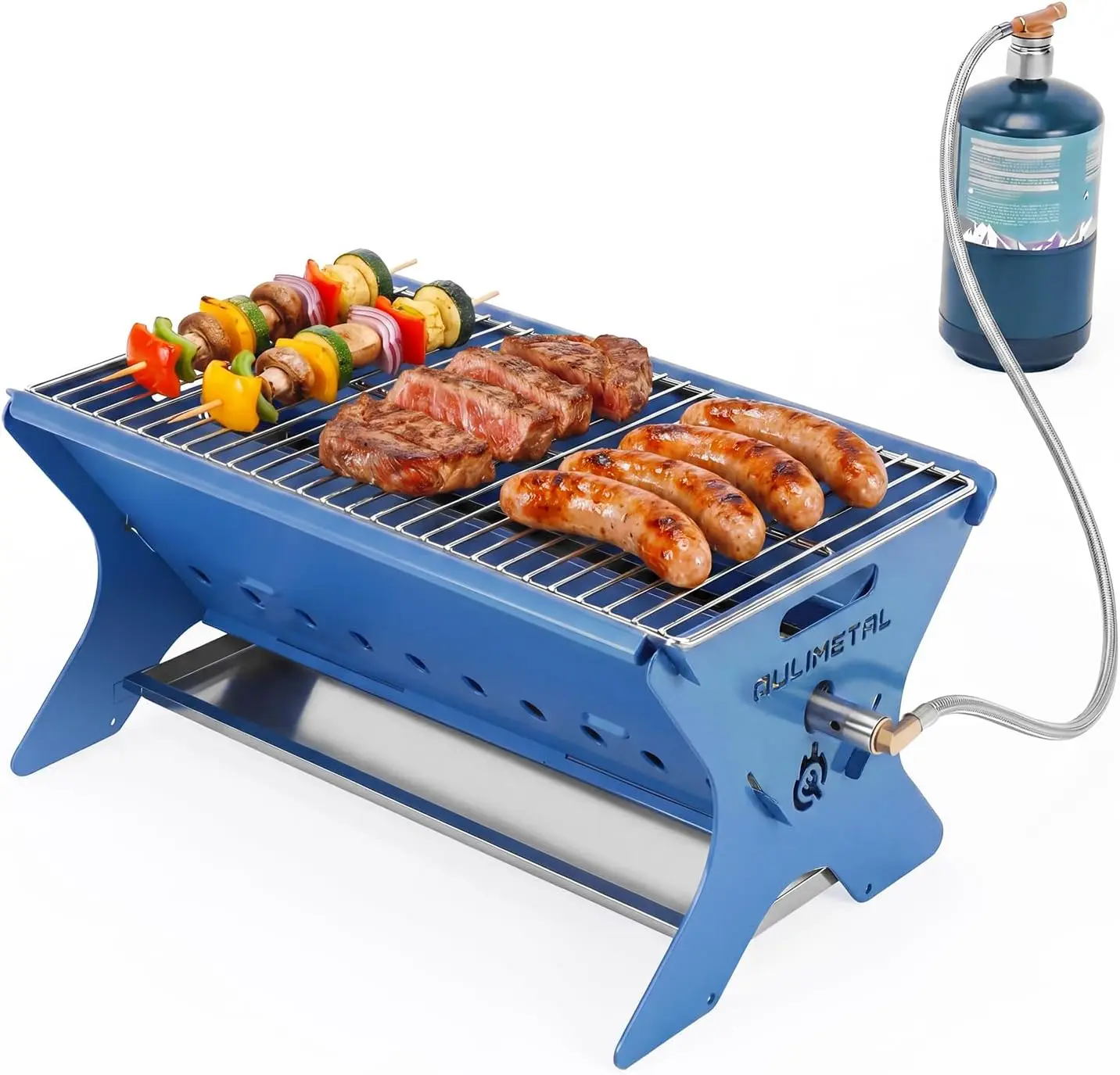 

Portable Camping Grill, Foldable 3-in-1 Charcoal Wood Gas BBQ Grill with Carry Bag, Heavy-Duty Stainless Steel Fire Pit for Outdoor Cooking