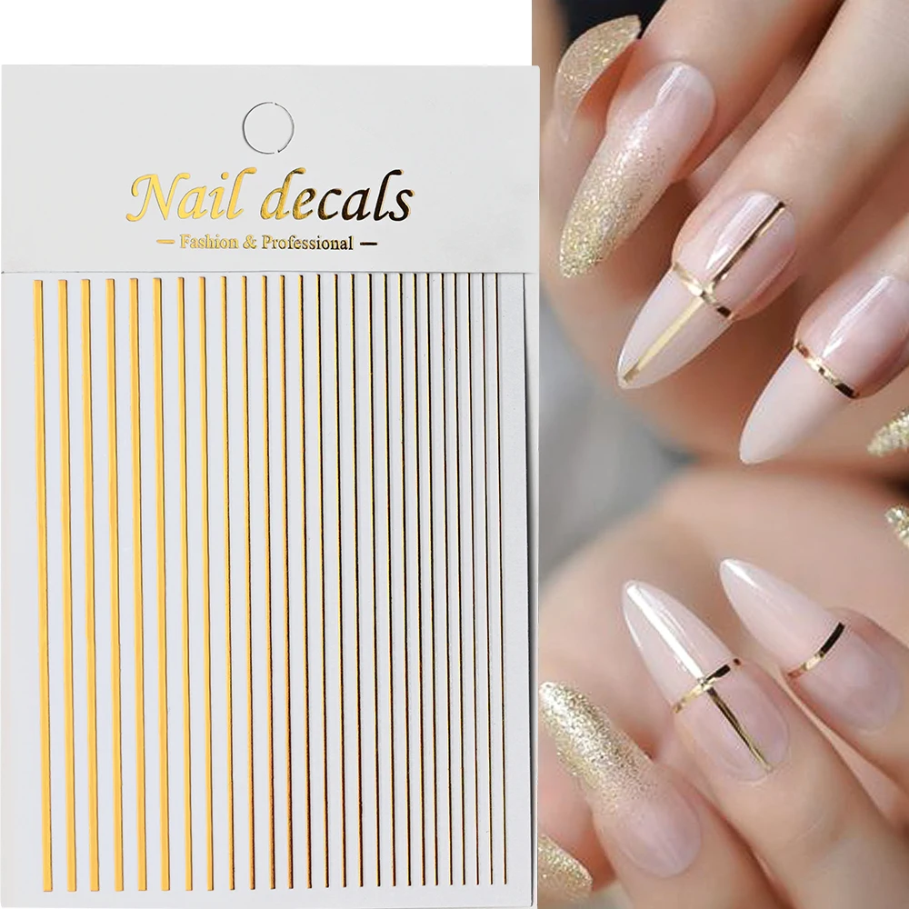 1szt Laser Silver Lines Stripe Nail Sticker Metallic Strip Luxury Slider Decals 3D Samoprzylepne naklejki do paznokci French Design