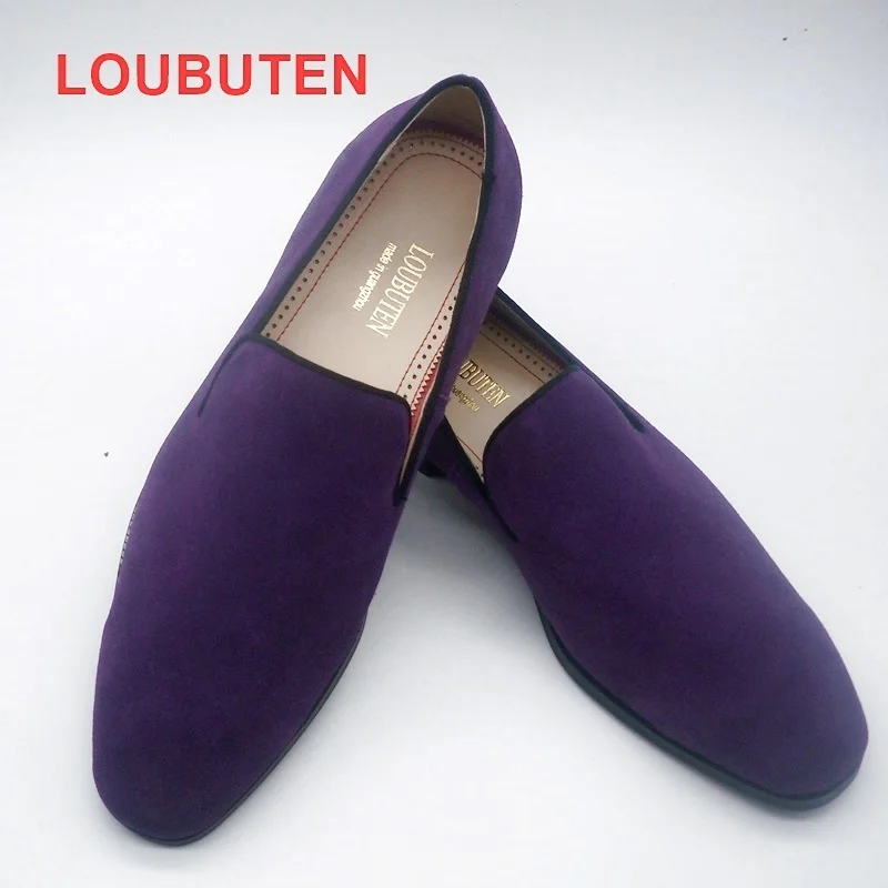 LOUBUTEN Fashion Dark Purple Suede Loafers Men Casual Shoes Slip On Leather Men ShoesHandmade Red Bottoms Dress Shoes