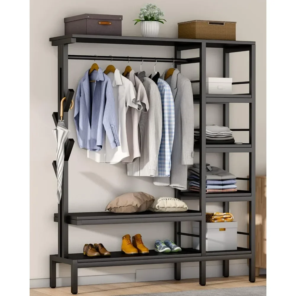 Livre Standing Closet Organizer com 6 Prateleiras de Metal e Coat Rack, Heavy Duty Vestuário Rack, pendurado roupas, 650lbs Capacidade