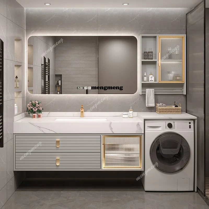 

Balcony Washing Machine Cabinet Combination Solid Wood Bathroom Cabinet Slate Seamless Ceramic Hand Washbasin Toilet Washstand