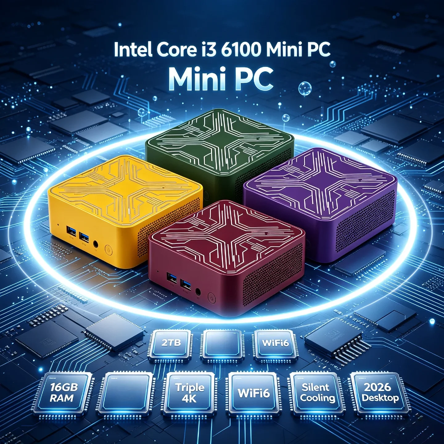 Mini PC Intel Core i3 6100 16GB RAM 2TB M.2 NVMe SSD Triple 4K Display WiFi6 BT5.2 High Performance Home Office Pro