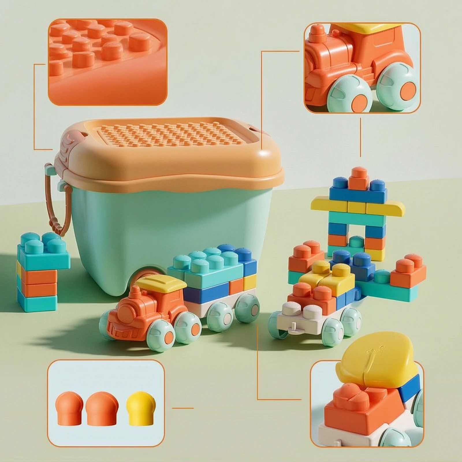 Toddler Blocks with Train Portable Building Blocks with Storage Bucket Construction Set Easy to Stack for Toddlers, Playroom