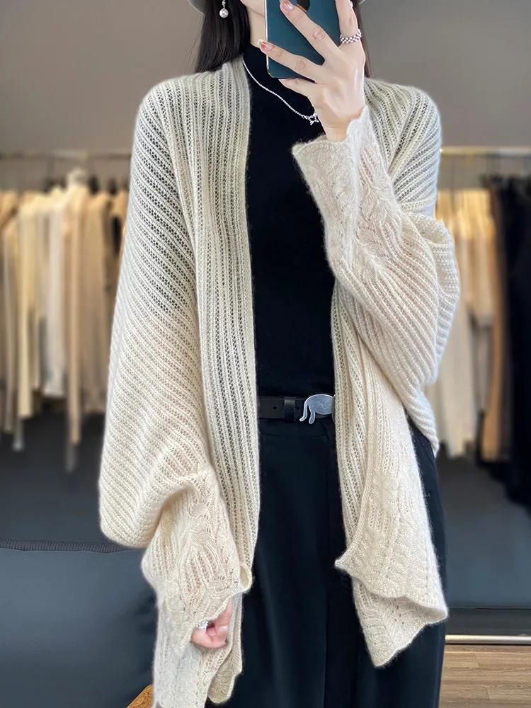 Women's Sweater Cardigan Cashmere Shawls Spring Autumn 100% Merino Wool Knitwear Lace Long Sleeve Loose Female Clothing Tops New