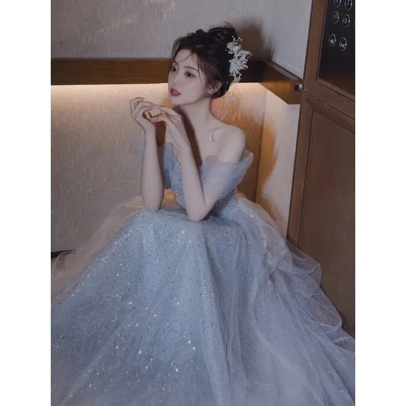 فستان سهرة أزرق بكتف واحد للنساء، تنورة طويلة لحفلات أعياد الميلاد للبالغين #2