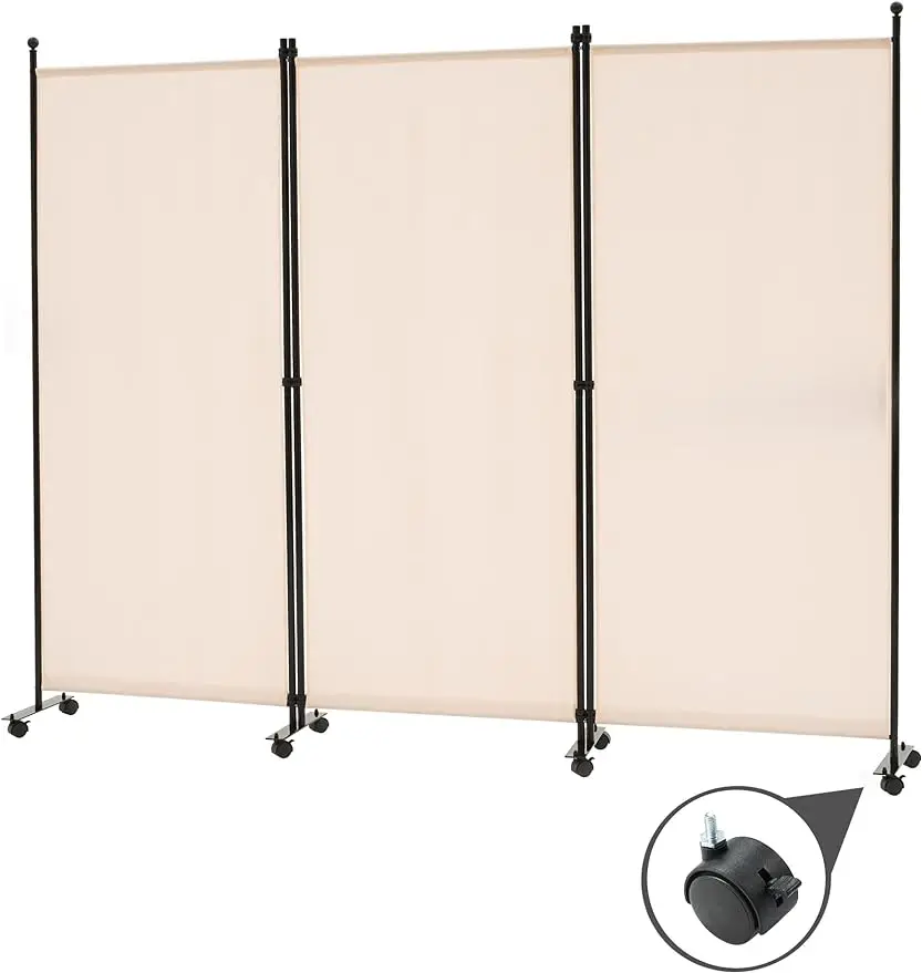 3 Panel Rolling Room Divider, Folding Partition Privacy Screens, Freestanding Fabric Room Panel, Portable Folding Wall