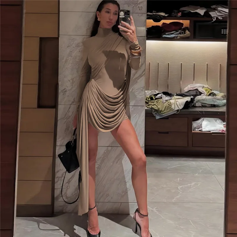 

Khaki Ruffles Prom Dress High Neck Full Sleeves Sexy Short Mini Formal Wedding Guest Robes Skirt Beach Holiday Party Bridal Gown