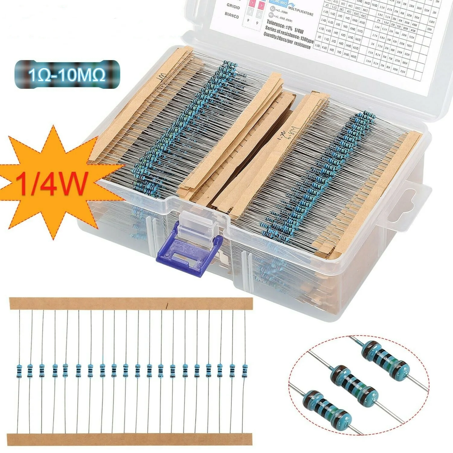 2600pcs/lot 130 Values 1/4W 0.25W 1% Metal Film Resistors Assorted Pack Kit Set Lot Resistors Assortment Kits Fixed Resistor