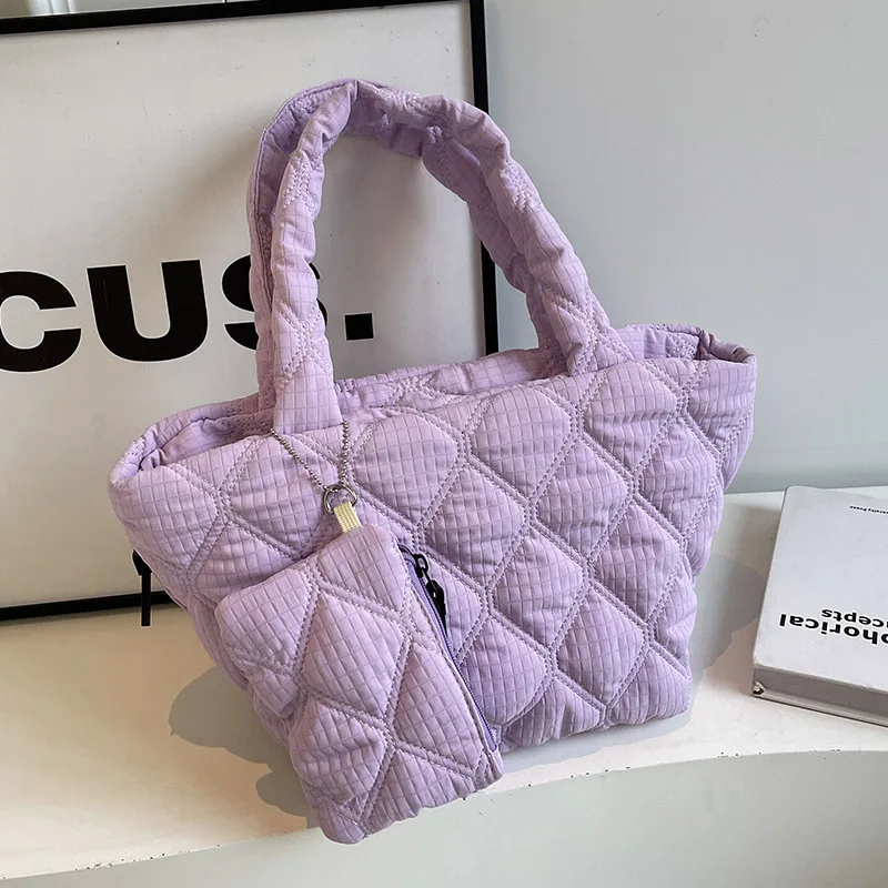 Bolso de mano de algodón acolchado para mujer, bolsa de hombro de lujo, color morado, grande, para viaje, invierno, 2024