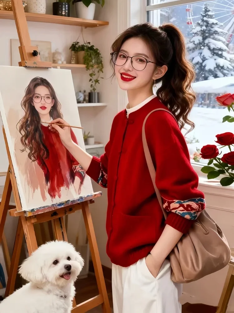 

Новый китайский красный вязаный кардиган свободного кроя для женщин: модная осенне-зимняя верхняя одежда, новинка, удобное свободное пальто