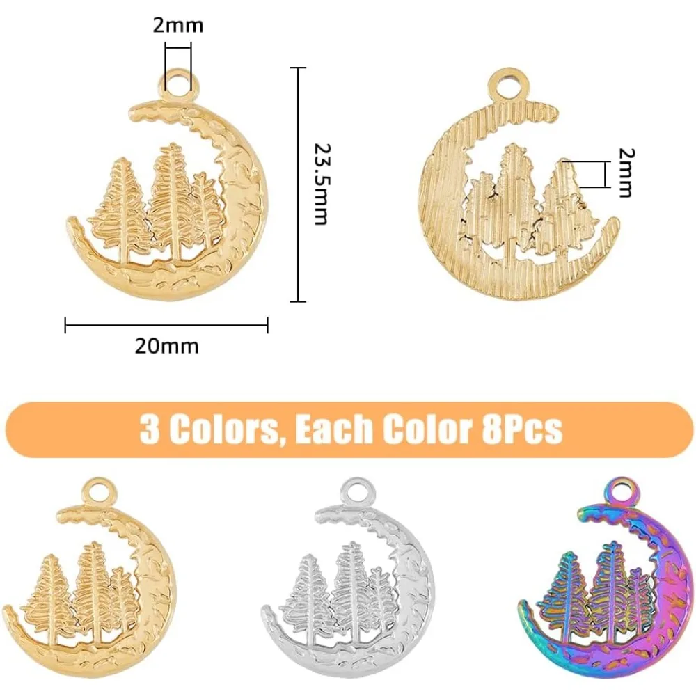 24Pcs 3 Colors Moon Charms Textured Moon with Tree Pendants /Rainbow/Stainless Steel Crescent Moon Charms Curved Metal