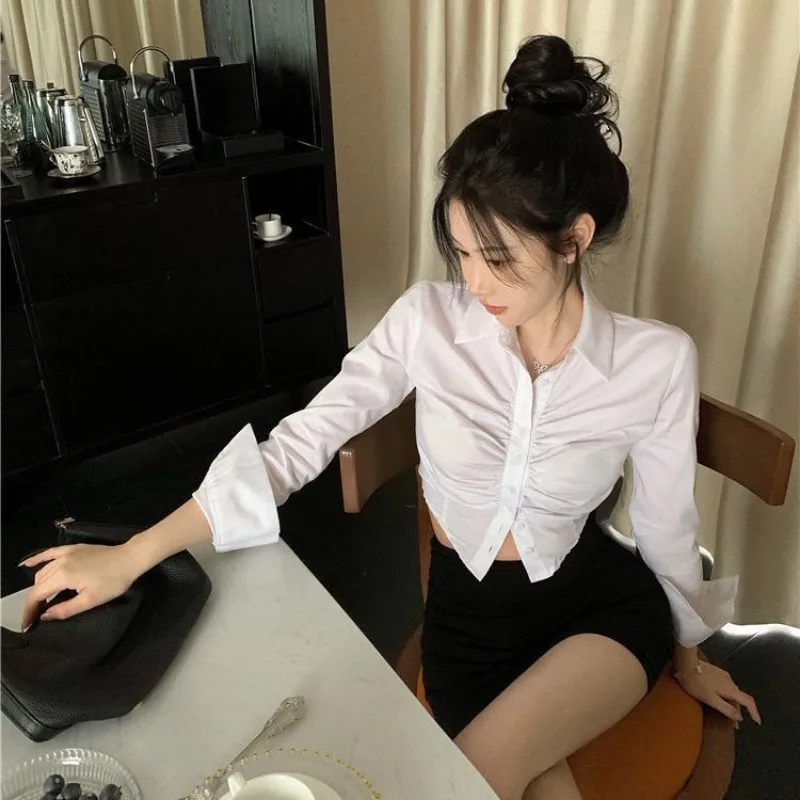 Shirts Women Shirring Sexy Style Fashion Slim High Street Casual Y2k Hotsweet Ins Spring Autumn Club Lady All-match Mujer Blusas