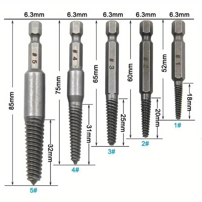 6/11/12pcs Hexagonal Handle Broken Head Screw Extractor 60mm Black Quick Release Electric Hexagonal Broken Thread Removal Tool