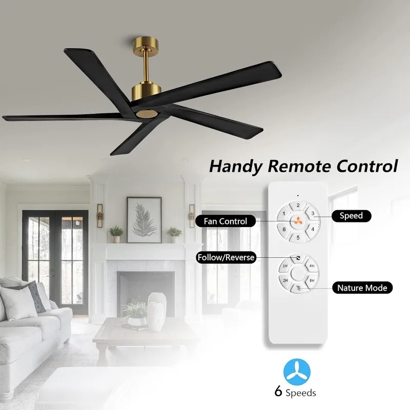 WINGBO 64 Inch DC Ceiling Fan Without Lights, 5 Reversible Carved Solid Wood Blades, 6-Speed Noiseless DC Motor