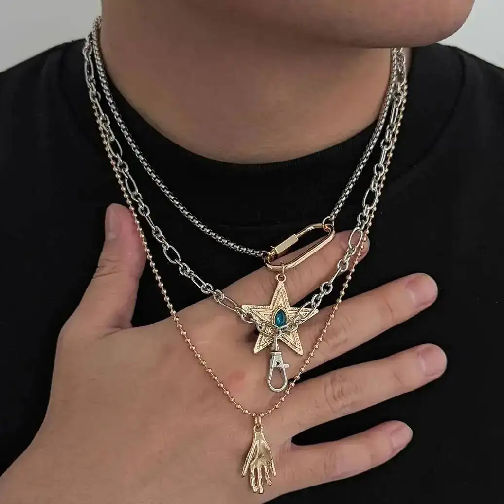 SHIXIN Retro Creative Geometry Pentagram Hand Pendant Necklace Men Punk Sackable Irregular Metal Chain Daily Party Jewelry Gifts
