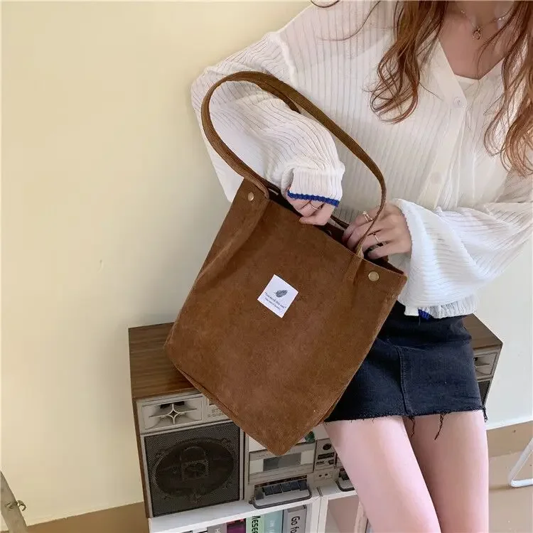 Women Corduroy Shoulder Bag Reusable Shopping Bags Casual Tote New Soft Female Handbag Hot sale Canvas Large Size Pocket