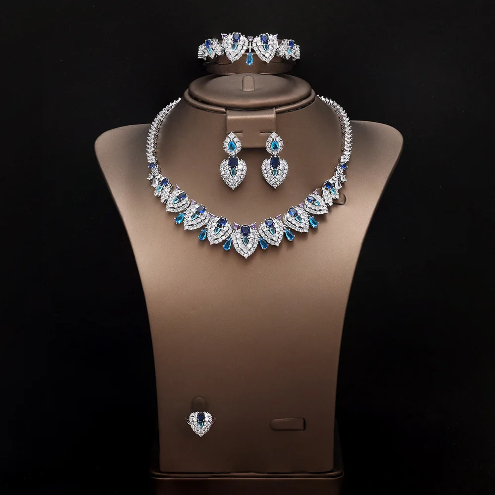 Vintage Crystal Zircon 4Pcs Jewelry Set Women Necklace Bracelet Earrings Ring Clothing Decor Accessory Christmas Gifts