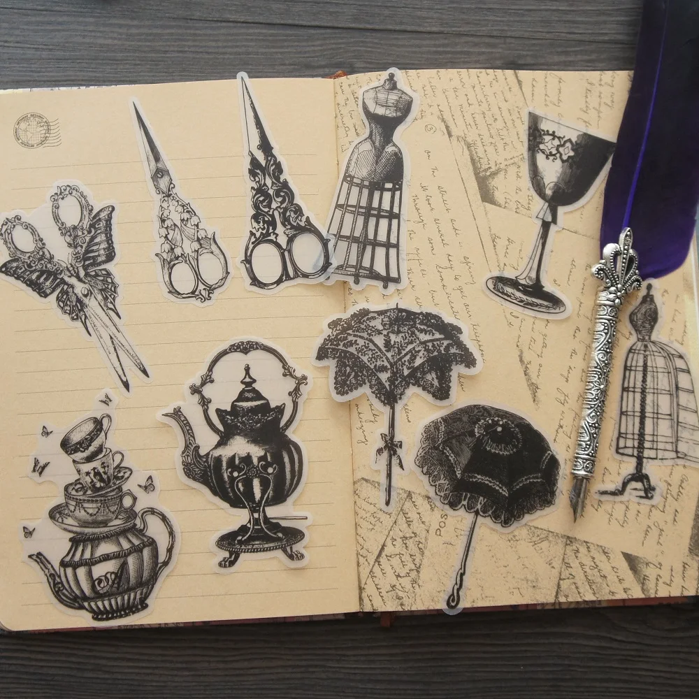

20pcs MIX Size Black Mysterious 19th Century Antique Shop Style PVC Sticker Scrapbooking DIY Gift Packing Label Decor Tag