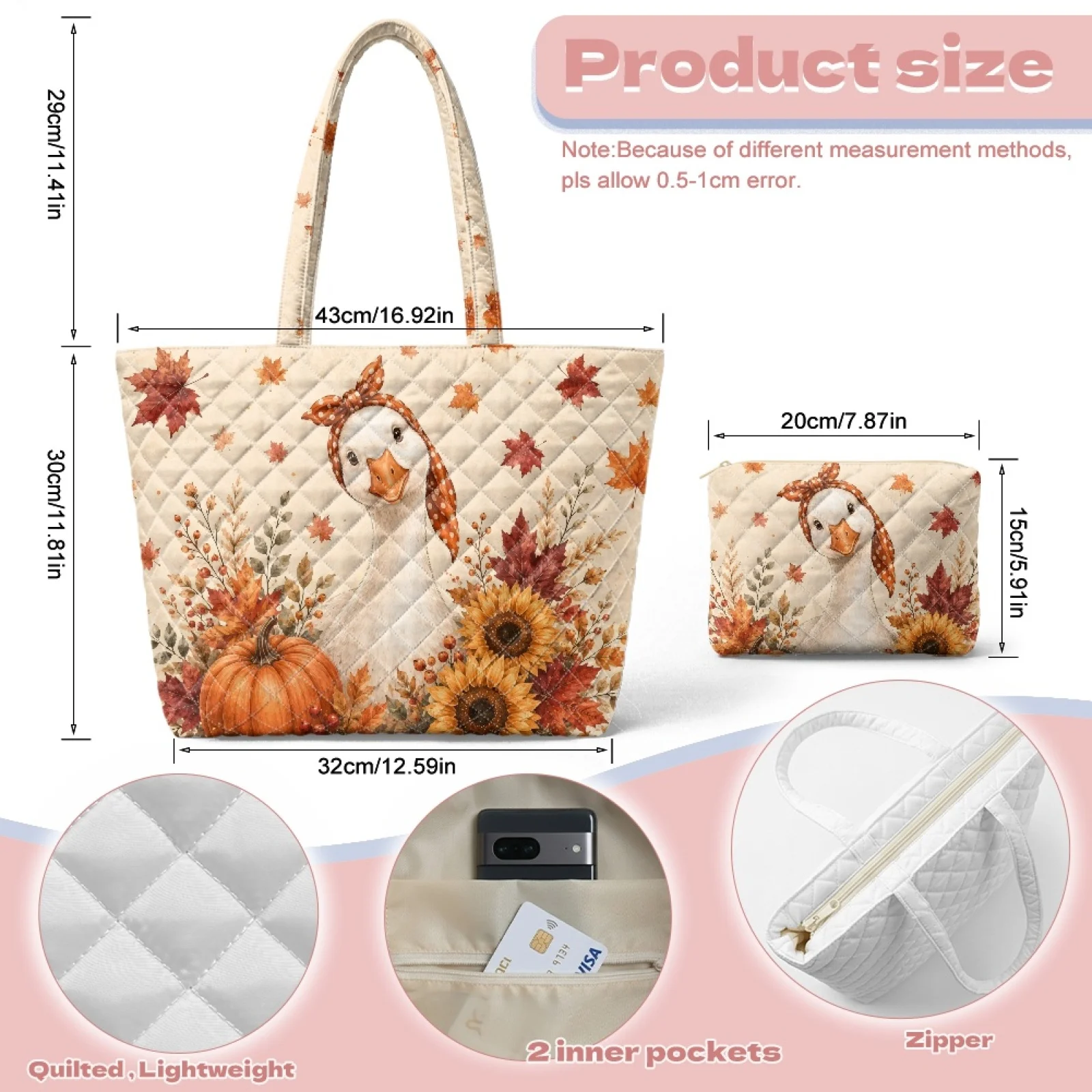 Coloranimal Autumn Duck 2Pcs Quilted Tote Bag with Matching Cosmetic Pouch, Large Lightweight Bag for Excursions Party 2026 New
