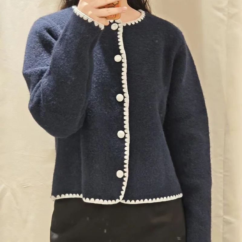 

Scalloped Trim Button-Front Long Sleeve Cropped Sweater Women's Navy Blue Knitted Cardigan