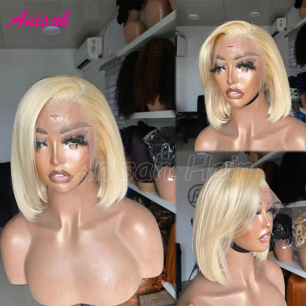 Pixie Blonde Bob Lace Front Human Hair Wigs 613 Hd Lace Frontal Wig with Side Bangs Glueless Pre Plucked Ready To Wear Wig