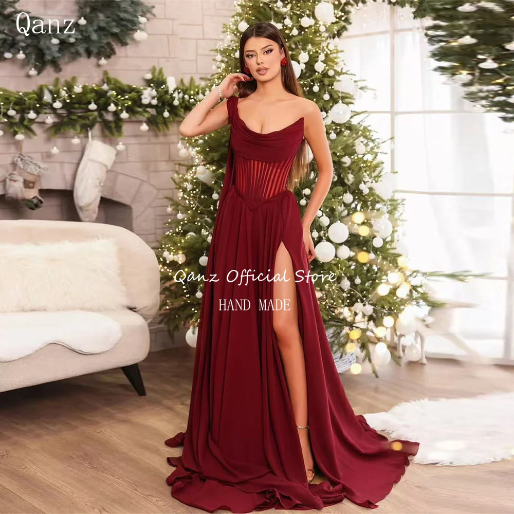 

Qanz Burgundy Evening Dresses Elegant One Shoulder Chiffon Celebrating Christmas Dress High Slit Wedding Party Dress Customized