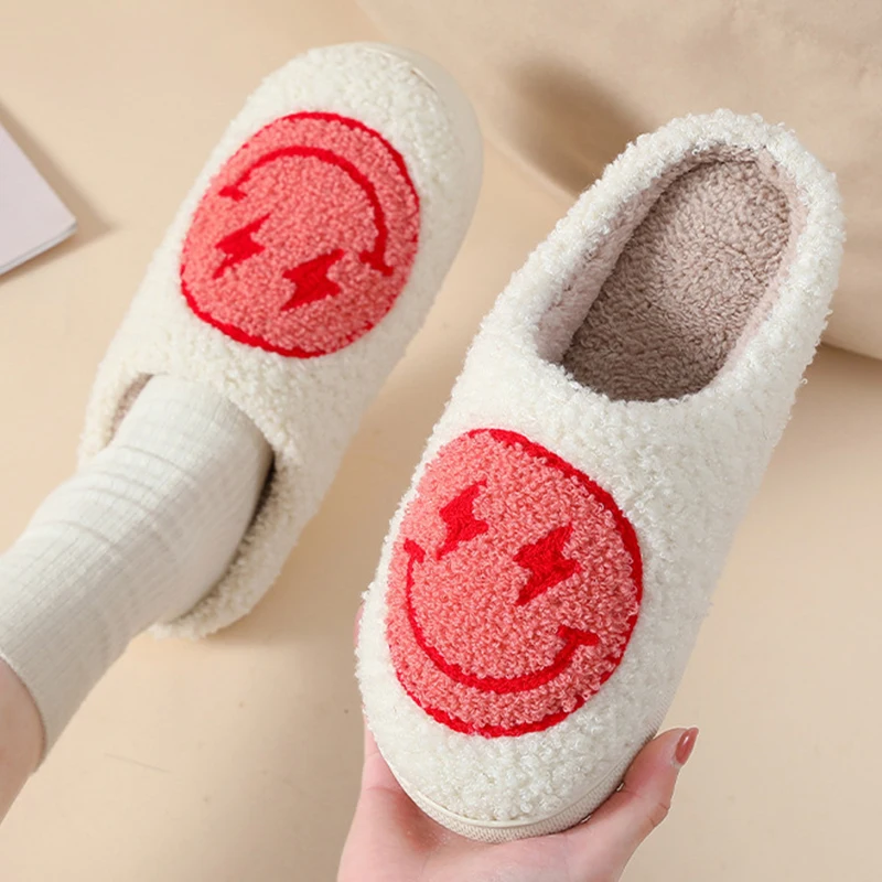 Lucyever Smile Embroidery Plush Slippers for Women Winter Couple Non Slip Home Cotton Shoes Woman Cozy Soft Sole Bedroom Slides