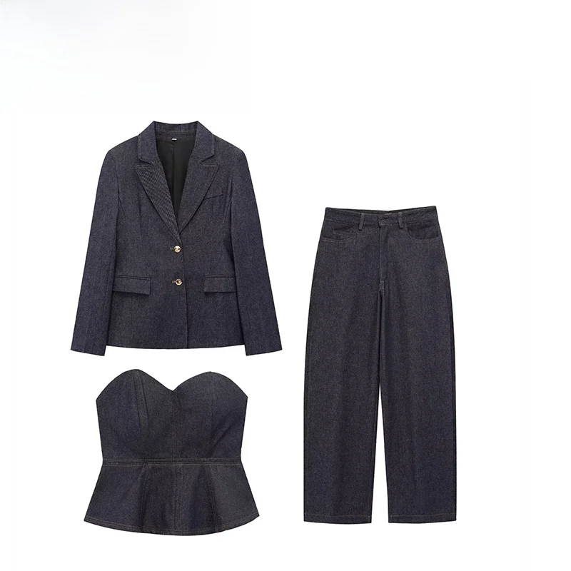 

ZBZA Spring New Women's Denim Suit Jaet Tube Top Pants Set Faionable Svel Zipper Closure ort Length Warmth