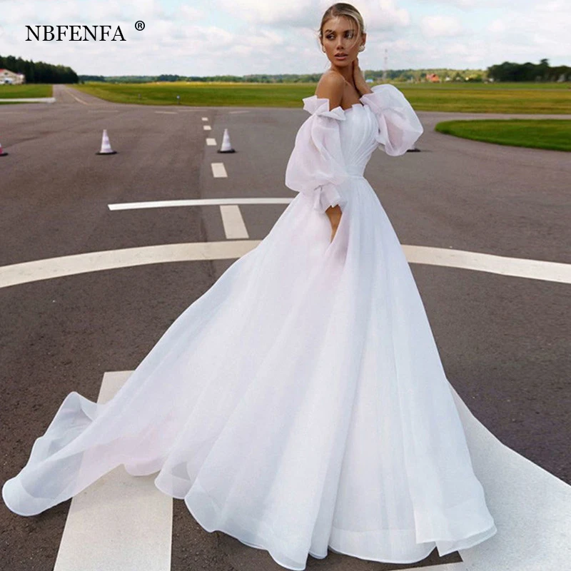 

French White Organza Strapless Wedding Trailing Dresses for Bride 2024 Elegant Long Sleeve Prom Evening Guest Party Women Dress
