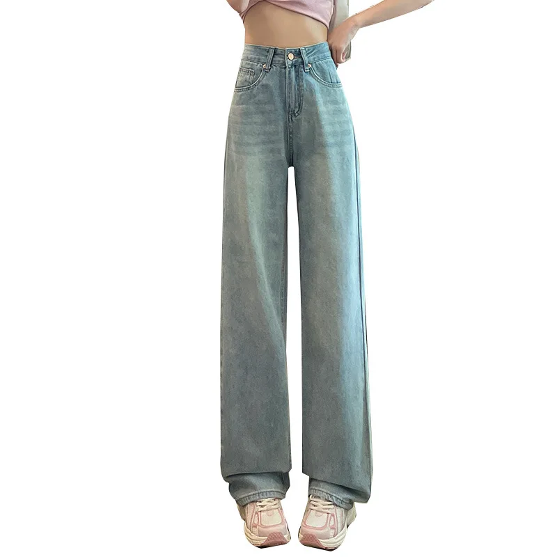 

Fashion Color Contrast Label Design Denim Wide-leg Pants. Women's Summer Narrow Version of Loose High Wasit Straight Leg Jeans