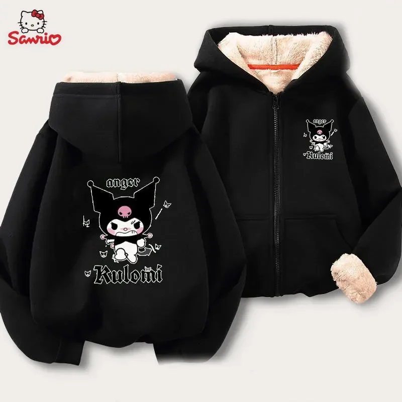 Sanrio Kuromi Mymelody Cinnamoroll Thickened Zipper Hoodie Winter Lamb Plush Parent Child Clothing Woolen Sweater Anime Figure