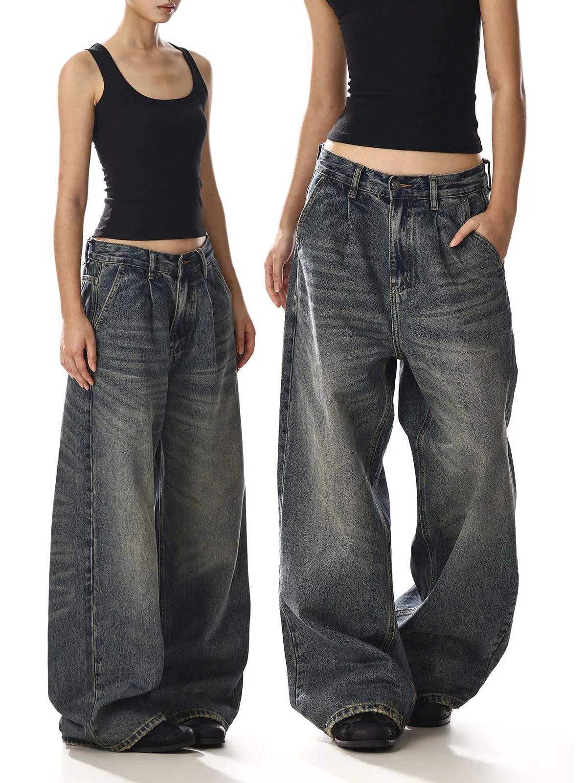 Jeans Americanos Retrô Azuis para Homens e Mulheres, Calças Longas Largas e Casuais, Estilo Desgastado, Confortáveis, Corte Reto