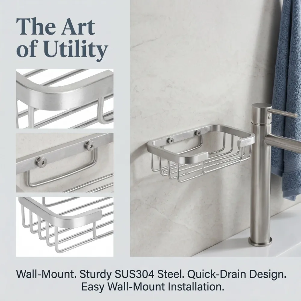 Space Saving Stainless Steel Soap Rack Brushed Finish Silver Soap Dish Wall Mounted Square Design Soap Organizer Box Daily view 5