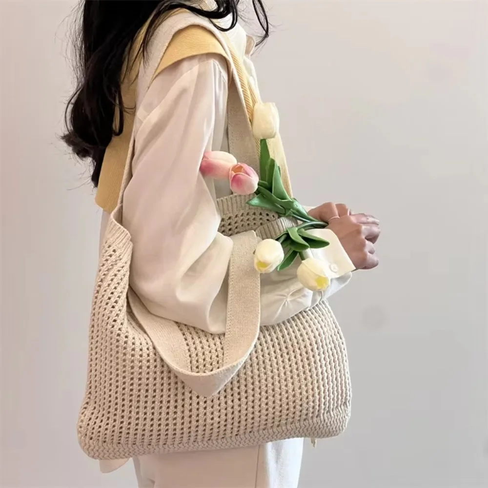

Fashion Casual Hollow Woven Bag Large Capacity Tote Beach Knitted Handbag Lazy Style Hollow Out Woman Shopping Bag Summer
