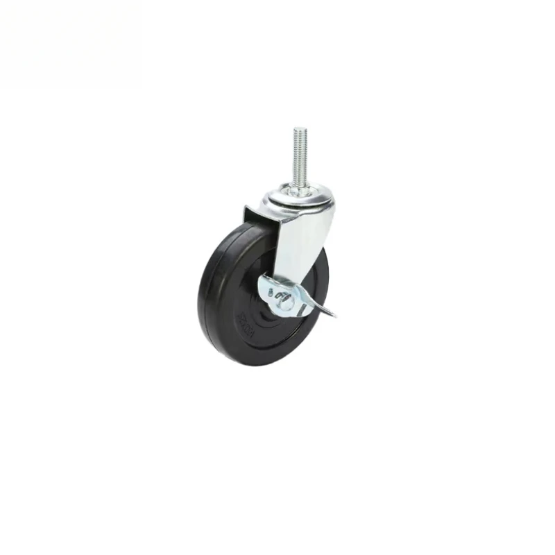 4‑Inch Threaded Stem Silent Rubber Caster, Brake‑equipped Industrial Swivel Roller Trolley and Shelf Equipment