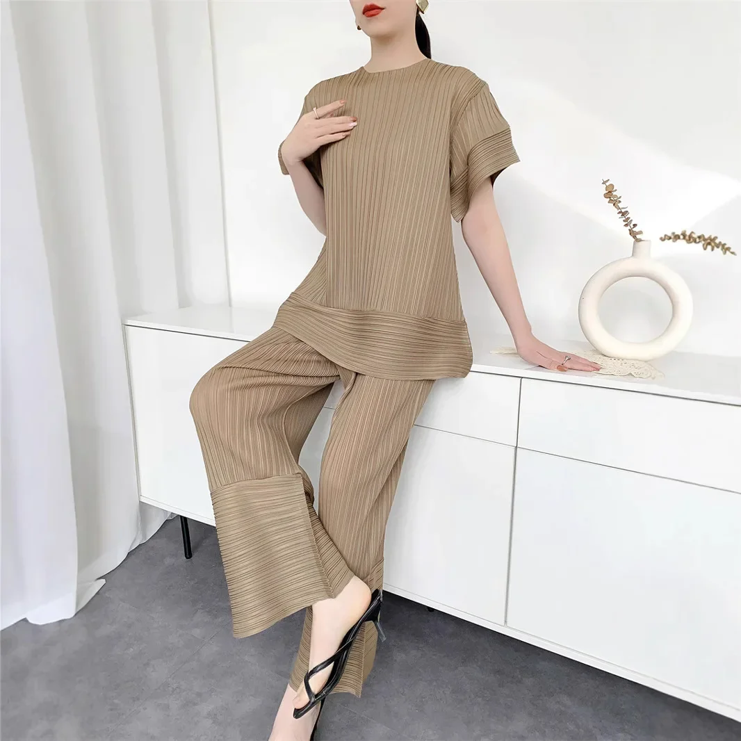 SXZ Miyake Pants Sets 2025 Summer Pleated Tops Women Casual Patchwork T-Shirt Loose Fashion Niche Design Sense Women Clothing