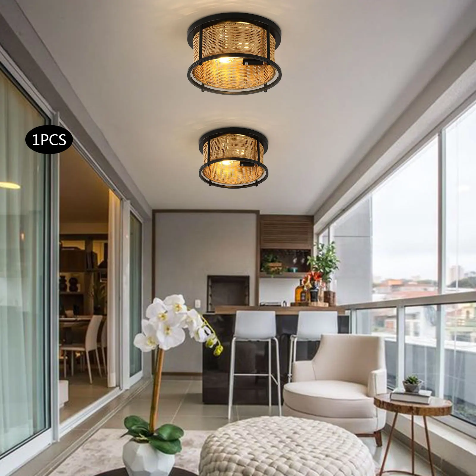 Bamboo Wicker Rattan Shade Chandelier Light Rustic Flush-Mount Ceiling Light NEW