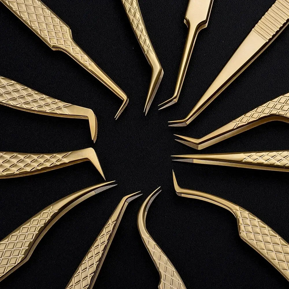 Gemerry Fiber Tips Eyelash Extension 1Pcs Tweezers Golden Stainless Steel High Precision Tweezer Volume Fans Professional 2027