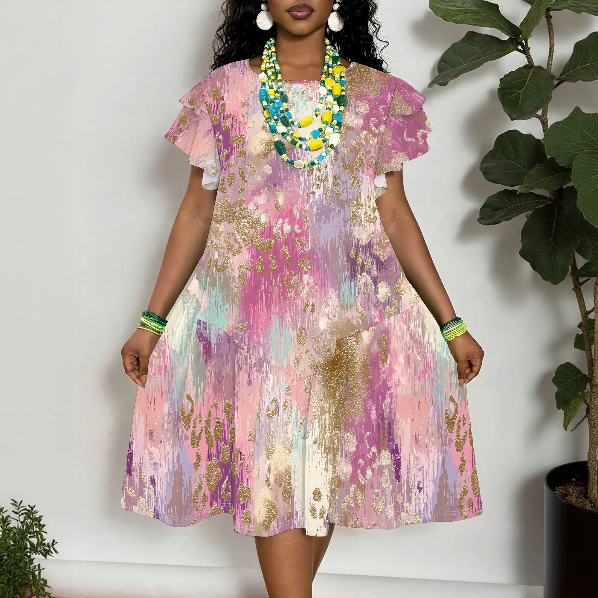 

Plus Size Floral Print Short Sleeve Dress for Women - Loose Fit A-Line Summer Midi Dress with Ruffled Sleeves
