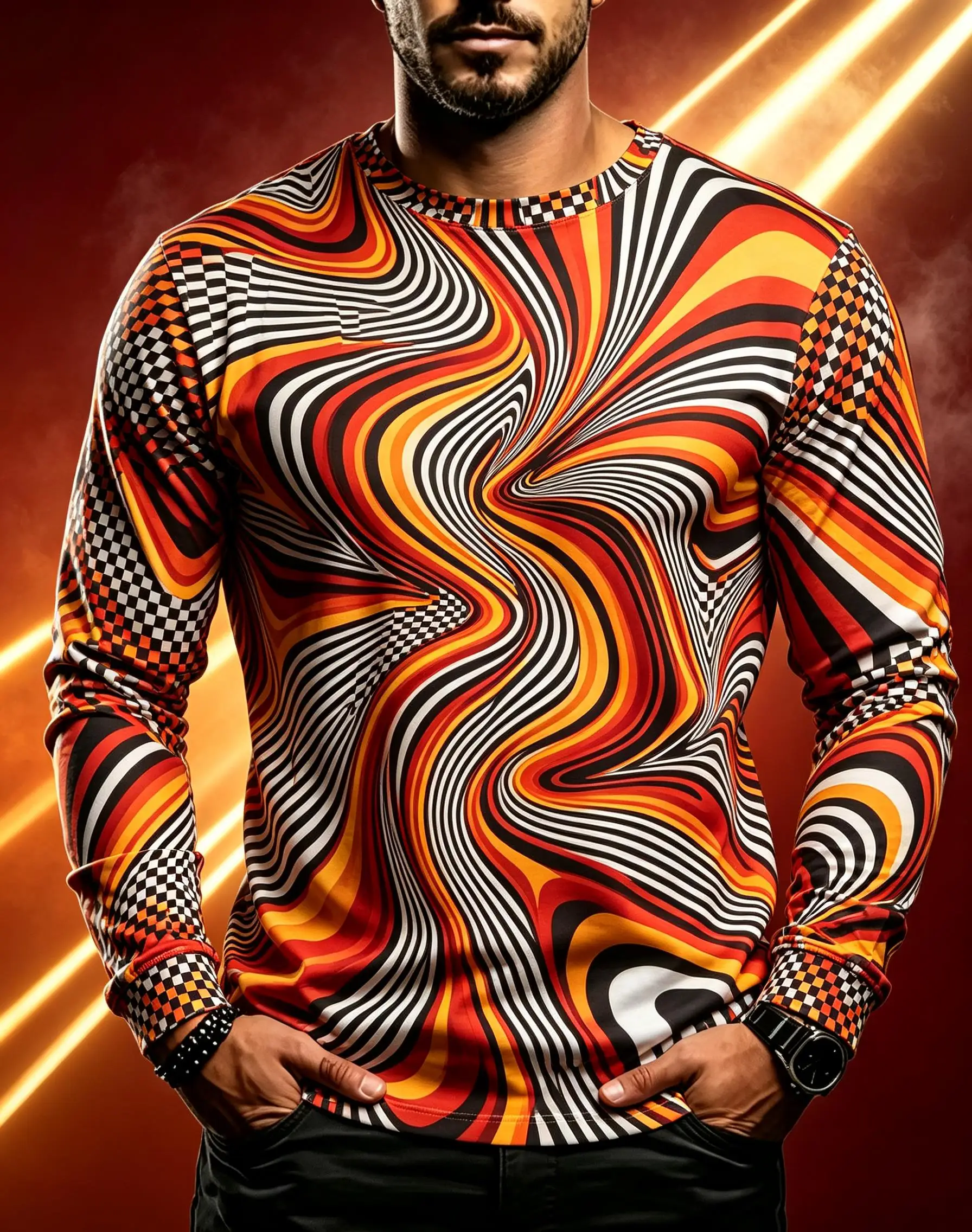Men Optical Illusion Long Sleeve Tee, Psychedelic Swirl Stripe Abstract Wave Full Print Street Casual Shirt