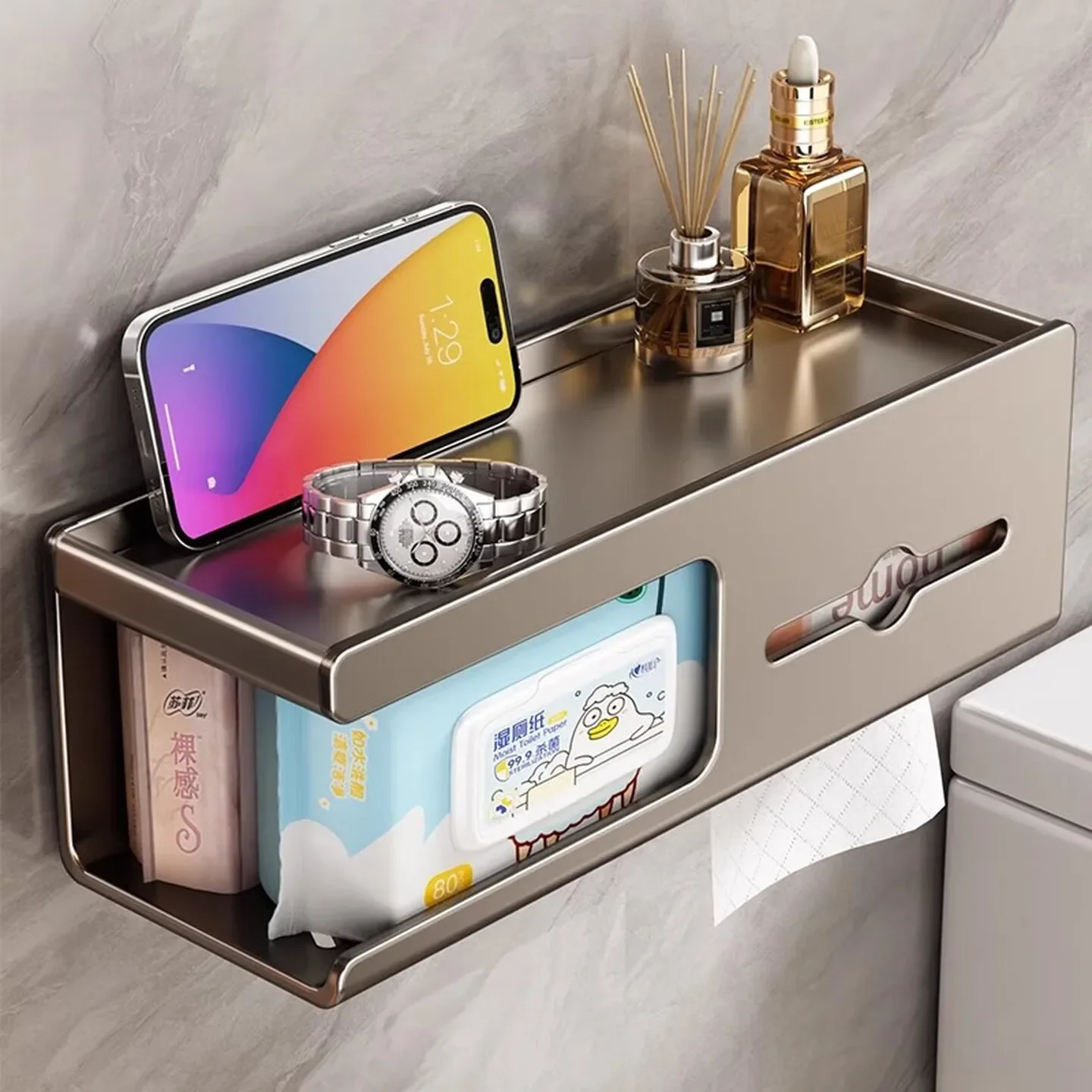 Carbon Steel Toilet Paper Holder with Shelf, Wall Mounted Tissue Rack No Drill, Removable Washable Rust Resistant