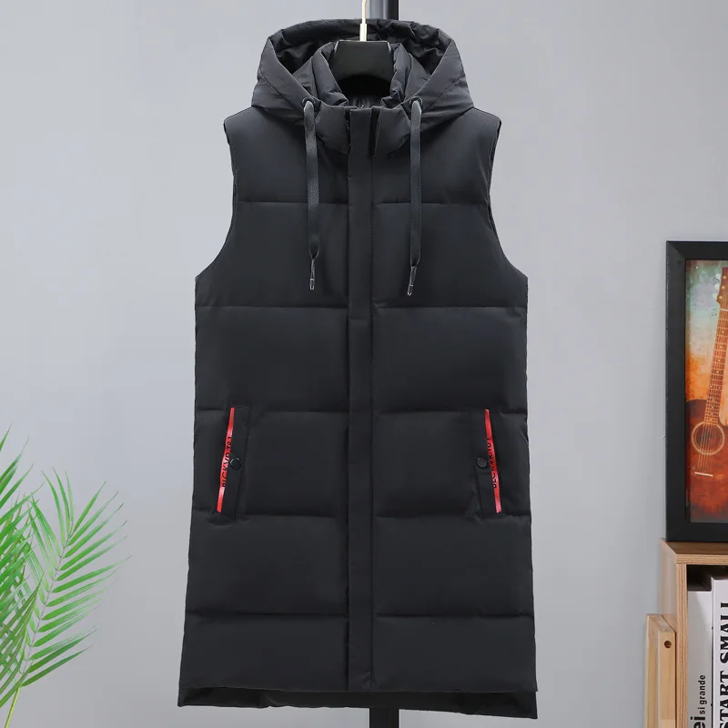 Autumn Winter Men Long Black Vest Hooded 2023 New Brand Fashion Thick Warm Cotton Padded Sleeveless Jacket Men\'s Clothes