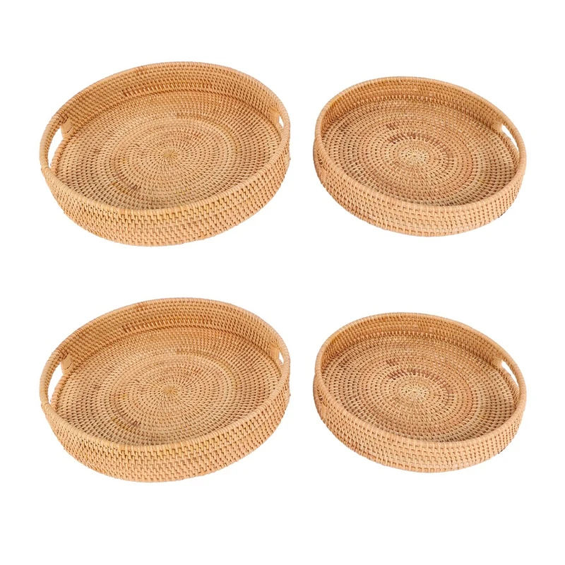 

Rattan Handwoven Round High Wall Severing Tray Food Storage Platters Plate Over Handles For Breakfast (Set Of 4:S+L)