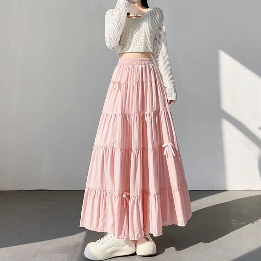 Bowknot Tiered Midi Skirt Hight Waist Pleated Long Cake A-line Skirts Chic Korea Style Seven Point Long Dress Spring Summer