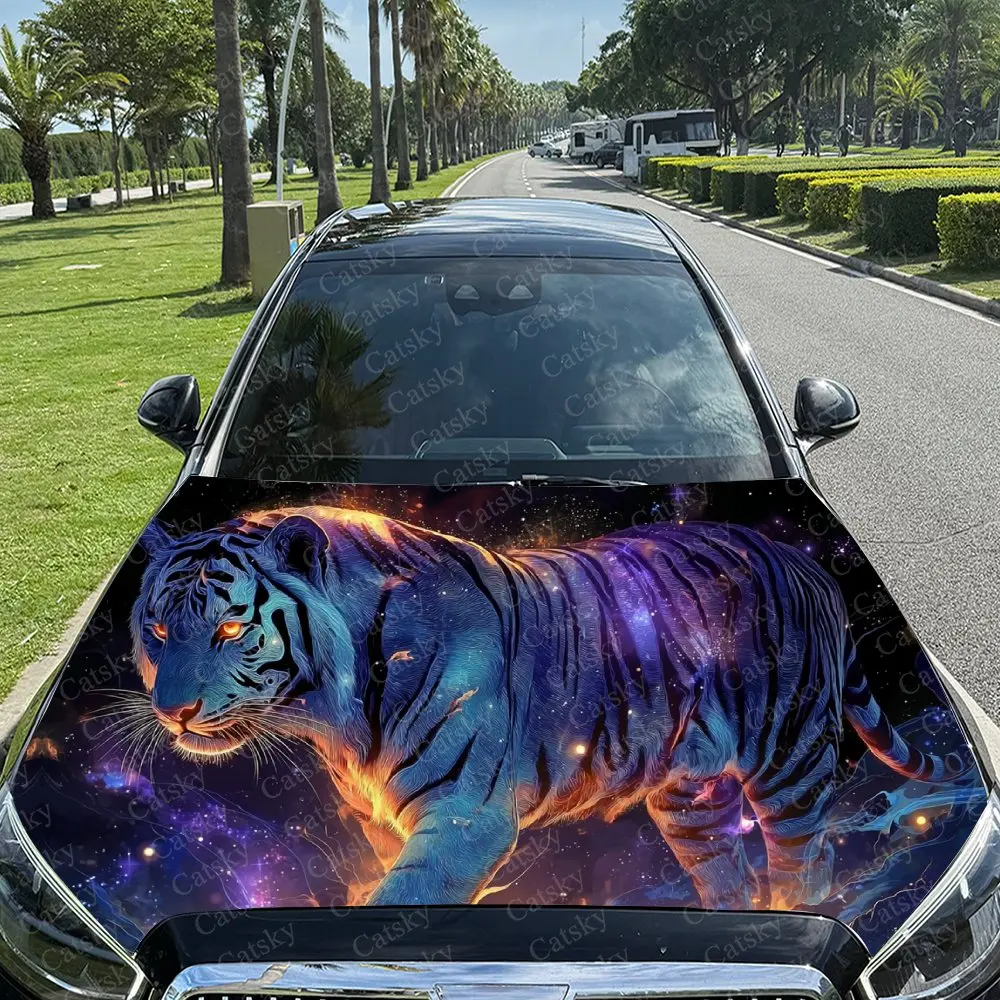 Colorful Nebula Roaring Tiger Car Vinyl Wrap, PVC Material Waterproof Car Hood Sticker, Self-Adhesive Scratch-Resistant Stickers